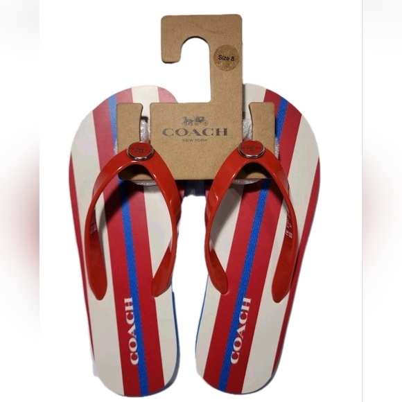 Coach New York Women's  Flip Flop Sandals Stripe Print Red White Blue Size 8 NWT - Picture 1 of 7
